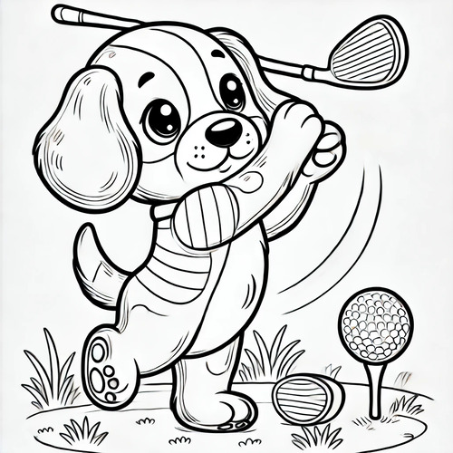 beagle che gioca a golf con mazza e pallina su prato